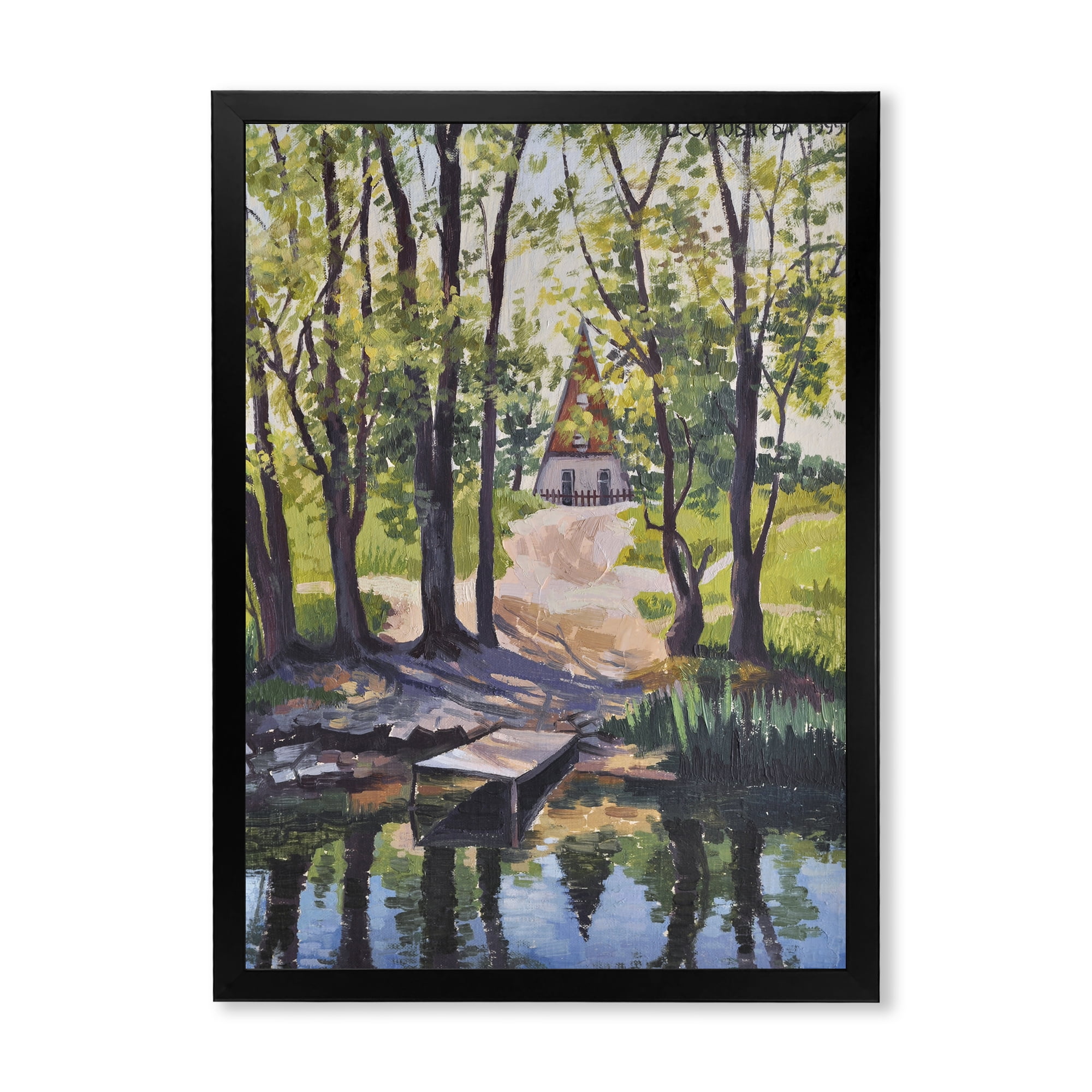 Designart 'Mysterious Countryside House By The River In The Woods' Lake House Framed Art Print