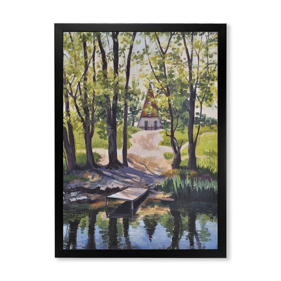 Designart 'Mysterious Countryside House By The River In The Woods' Lake House Framed Art Print