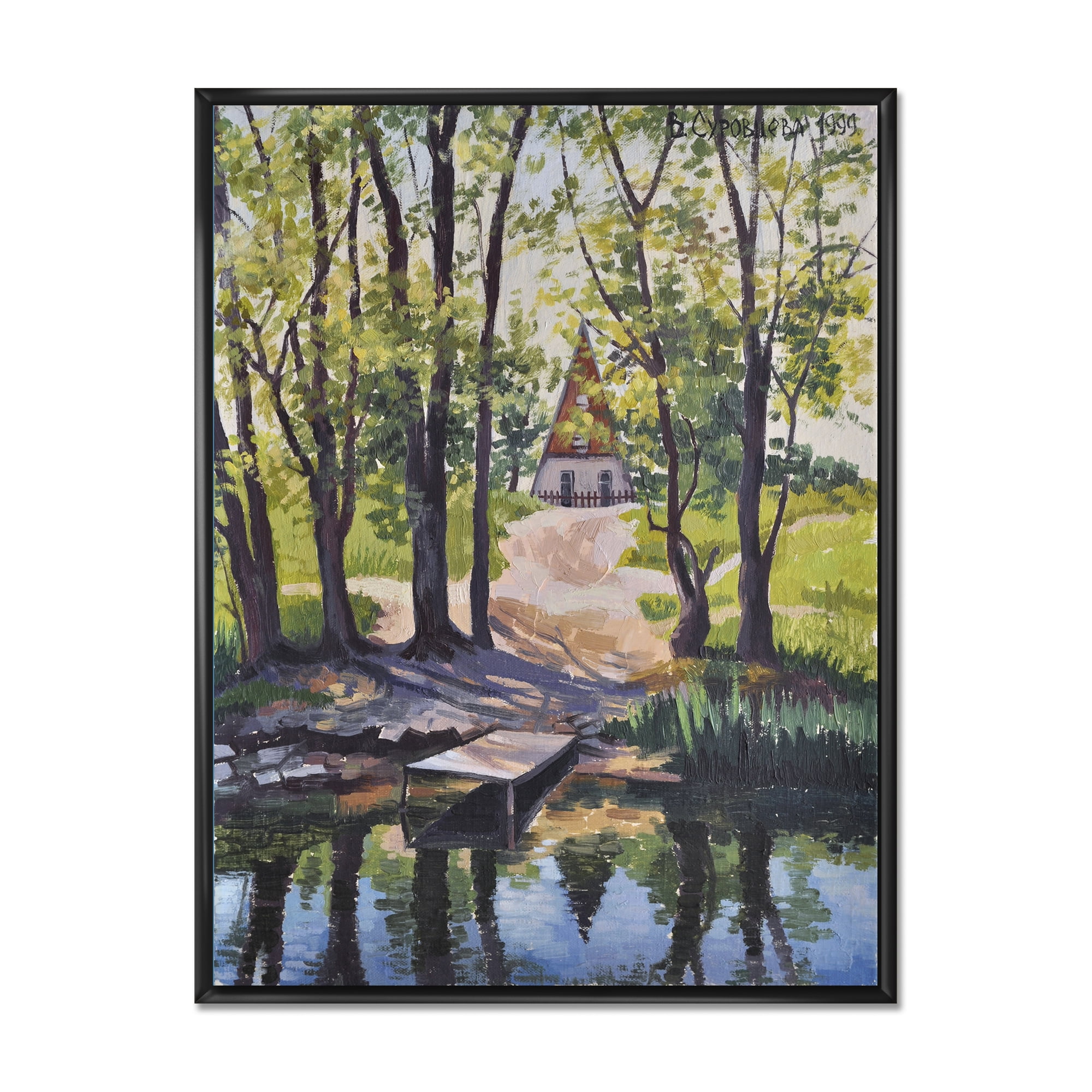 Designart 'Mysterious Countryside House By The River In The Woods' Lake House Framed Canvas Wall Art Print