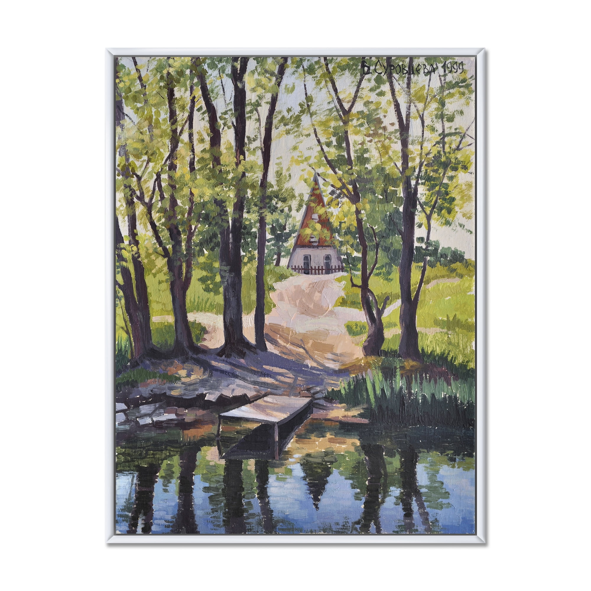 Designart 'Mysterious Countryside House By The River In The Woods' Lake House Framed Canvas Wall Art Print