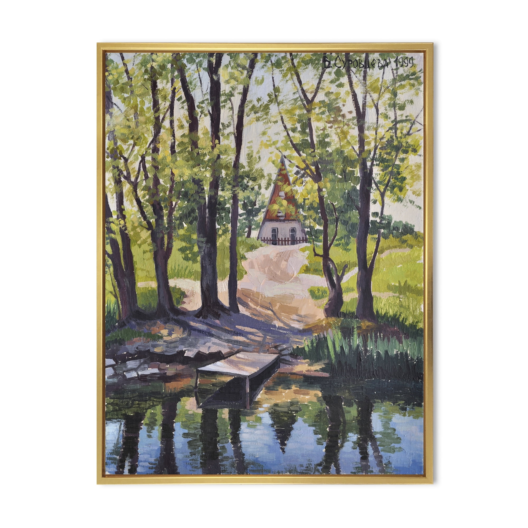 Designart 'Mysterious Countryside House By The River In The Woods' Lake House Framed Canvas Wall Art Print