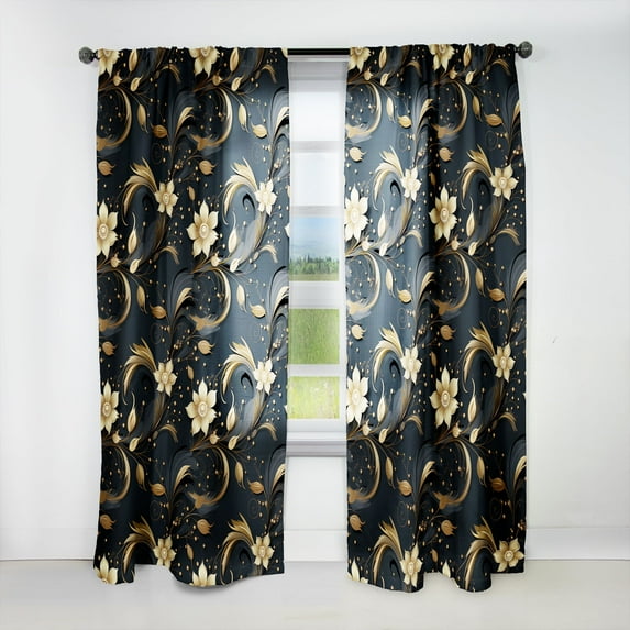 Designart "Mysterious Elegance In Black And Gold I" Marble Room Darkening Curtain Single Panel