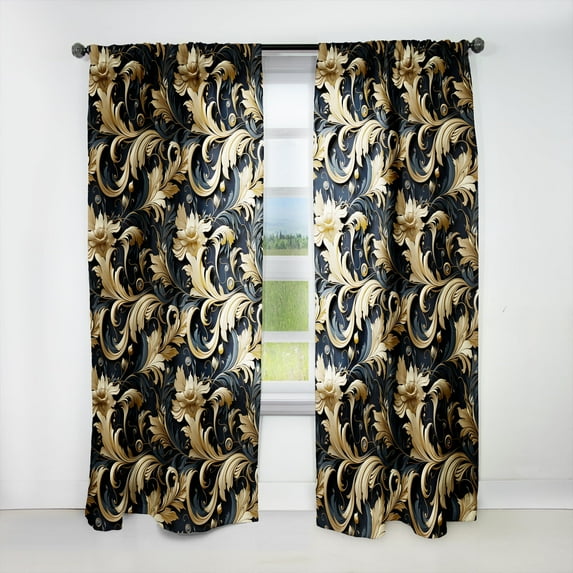 Designart "Mysterious Elegance In Black And Gold" Marble Room Darkening Curtain Single Panel
