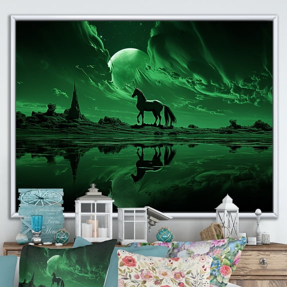 Designart "Mysterious Emerald Horse" Unicorns Floater Framed Wall Decor