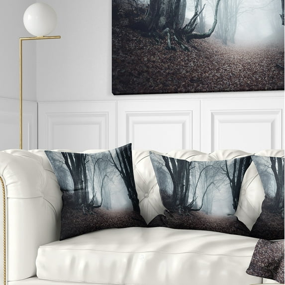 Designart Mysterious Fairytale Foggy Wood - Landscape Photography Throw Pillow - 18x18