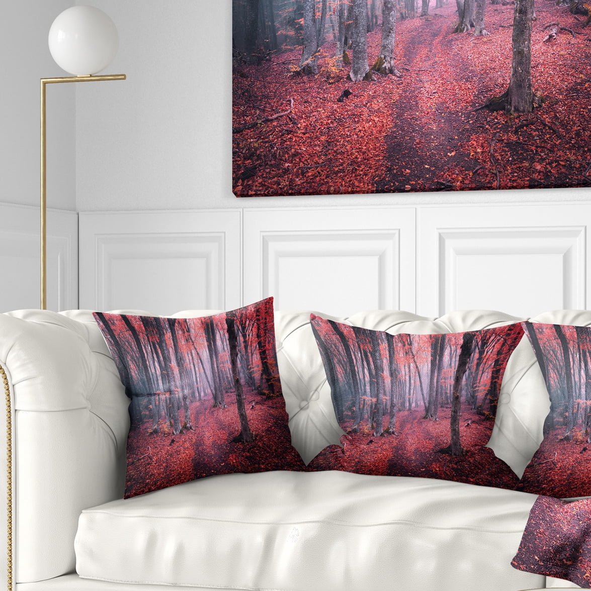Designart Mysterious Fairytale Red Wood - Landscape Photography Throw Pillow - 16x16