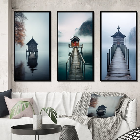 Designart "Mysterious Lakehouse Access via Small Pier II" Lakehouse Framed Wall Art Set Of 3 - Blue Lake House Frame Canvas Set For Living Room Decor