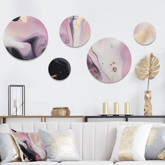 Designart "Mysterious Marble Pink and Black II" Abstract Marble Metal Wall Art Set of 5 Piece