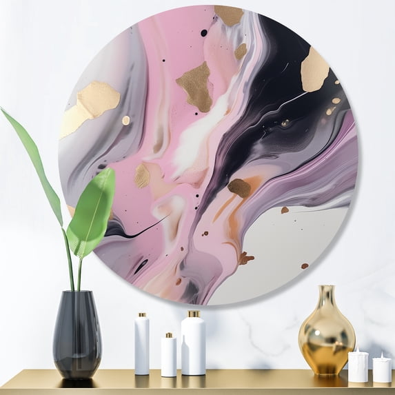 Designart "Mysterious Marble Pink and Gold VI" Abstract Marble Metal Round Wall Decor