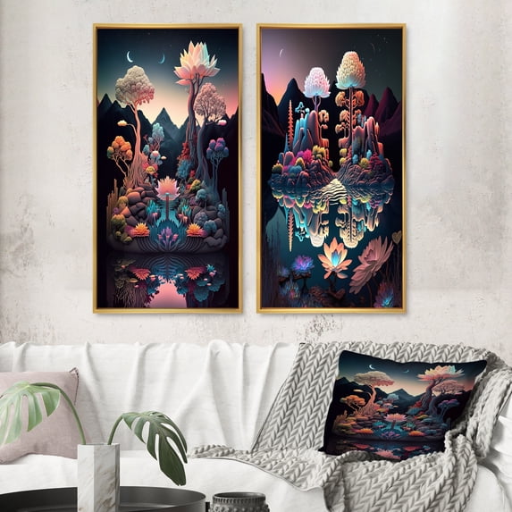 Designart "Mysterious Nocturnal Flora Abstracted Lake I" Abstract Landscape Framed Wall Art Set Of 2 - Modern Multicolor Gallery Wall Frame Set For Home Decor
