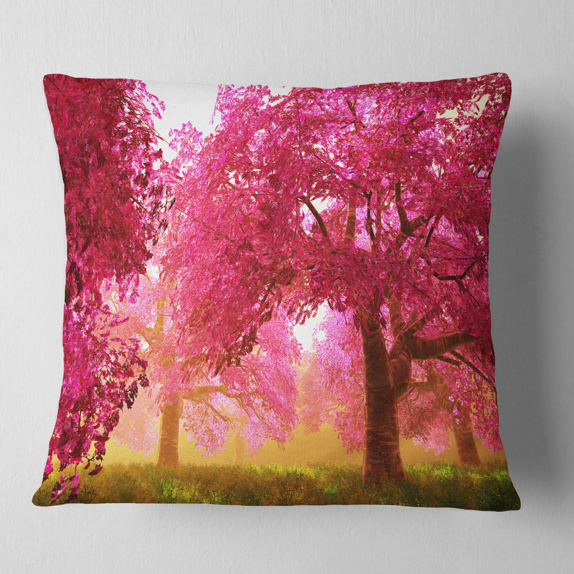 Designart Mysterious Red Cherry Blossoms - Landscape Printed Throw Pillow - 16x16