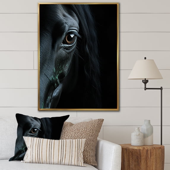 Designart "Mysterious Shadows Black Horse wall art" Animals Floater Framed Canvas Print