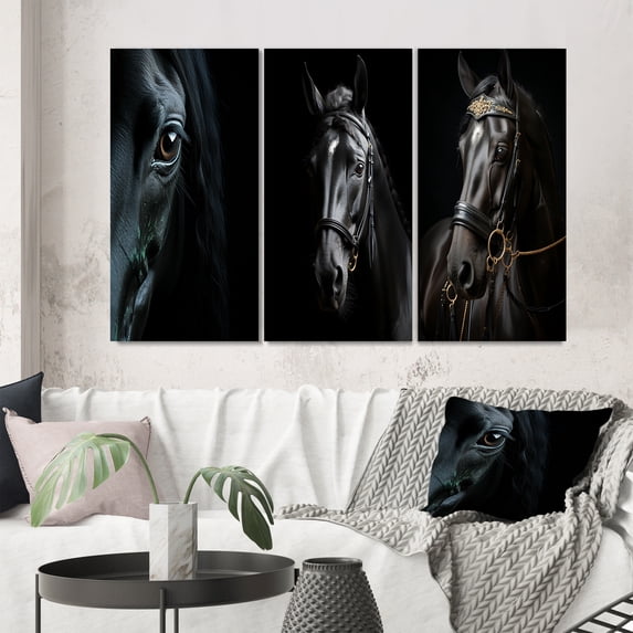 Designart "Mysterious Shadows Black Horse wall art" Animals Wall Art Set Of 3 - Black Horse Gallery Wall Set For Home Decor