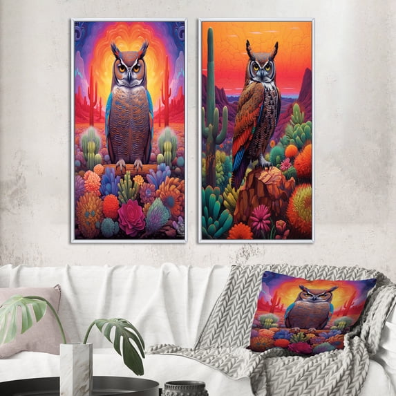 Designart "Mysterious Wise Owl Portrait in the Desert II" Animals Owl Framed Wall Art Set Of 2 - Children's Art Purple Frame Gallery Set For Office Decor