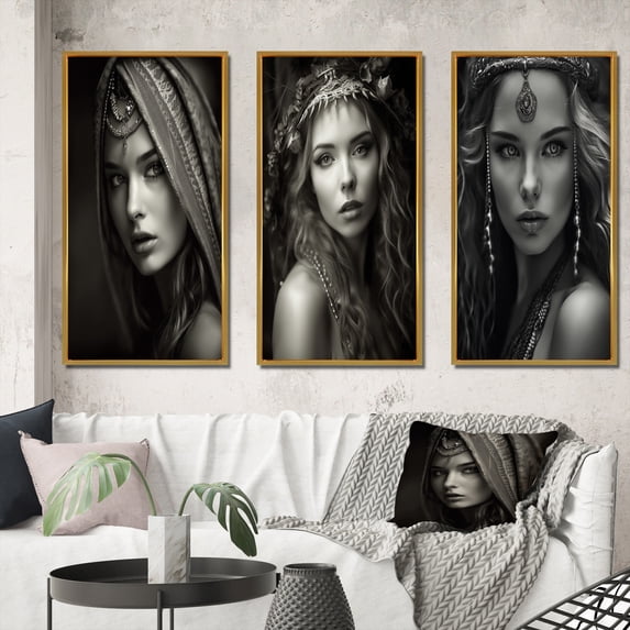Designart "Mysterious Woman in Black & White Portrait III" Boho Woman Framed Wall Art Set Of 3 - Black Woman Boho Frame Gallery Set For Office Decor