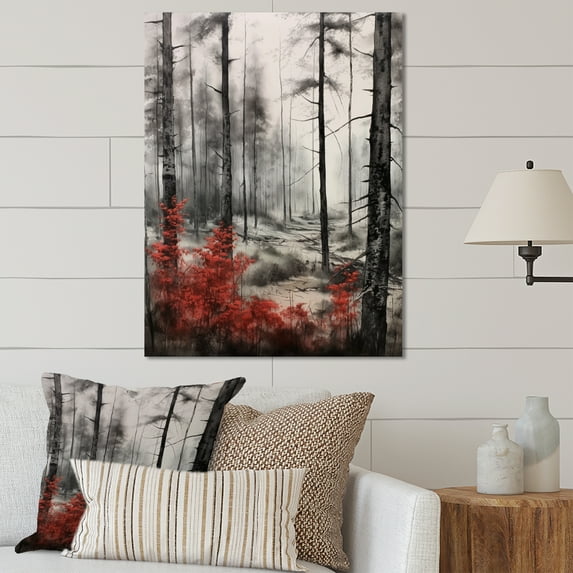 Designart "Mysterious Woods in Red and Grey I" Forest Metal Wall Art Prints