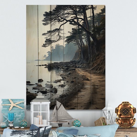 Designart "Mystic Coastal Coastal Beach painting I" Nautical & Beach Print on Natural Pine Wood
