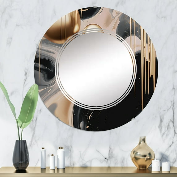 Designart "Mystic Gold & Noir Fusion I" Abstract Shapes Round Wall Mirror - Modern Oval Printed Decorative Oversized Mirror - Multiple Color Options