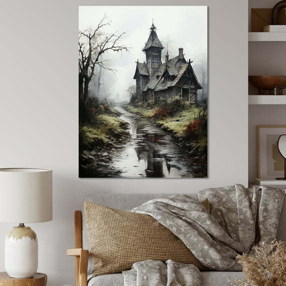 Designart "Mystic Landscape with a Haunted House" Landscapes Canvas Wall Art - Coastal Grey Landscape Cottage Entryway Wall Art