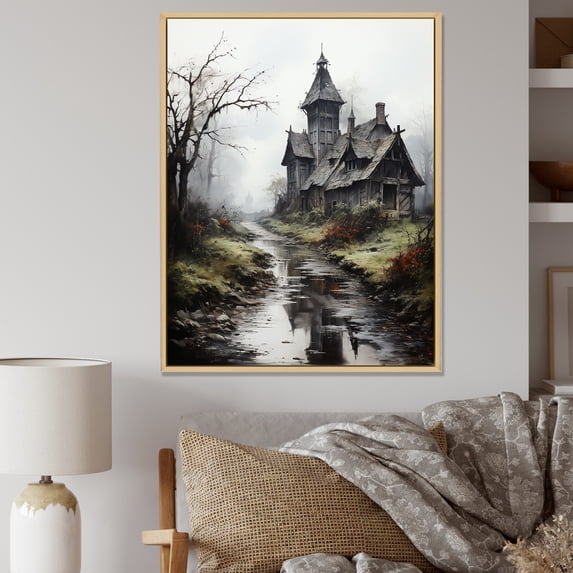 Designart "Mystic Landscape with a Haunted House" Landscapes Framed Wall Art - Coastal Grey Landscape Cottage Entryway Framed Wall Art Print