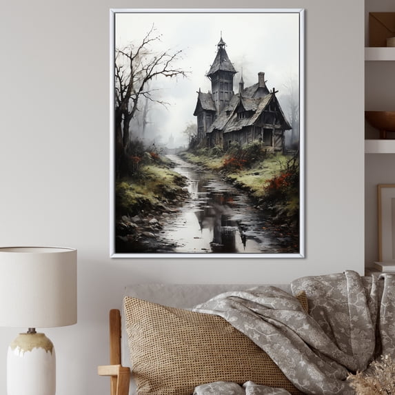 Designart "Mystic Landscape with a Haunted House" Landscapes Framed Wall Art - Coastal Grey Landscape Cottage Entryway Framed Wall Art Print