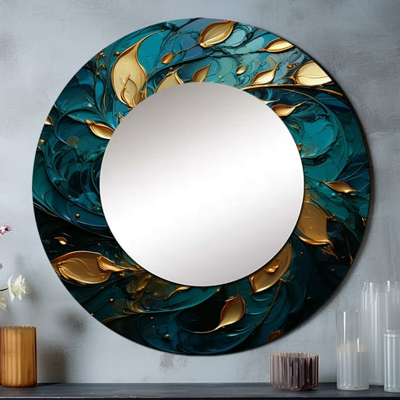 Designart "Mystic Mandala In Turquoise Gold" Abstract Spirals Rund Mirror For Wall Decor - Large Turquoise Round Print Mirror - Round Modern Mirror - Wall Mounted Round Large Mirror - 29" x 29"