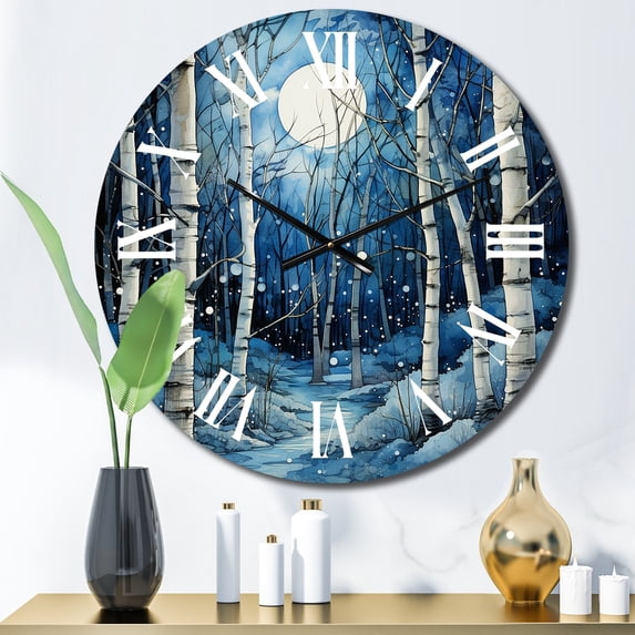 Designart "Mystic Moonlight Birch Woods I" Landscapes Oversized Wall Clock