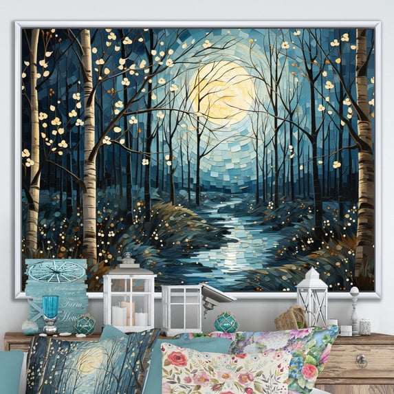 Designart "Mystic Moonlight Birch Woods VI" Tree Birch Floater Framed Wall Art Living Room