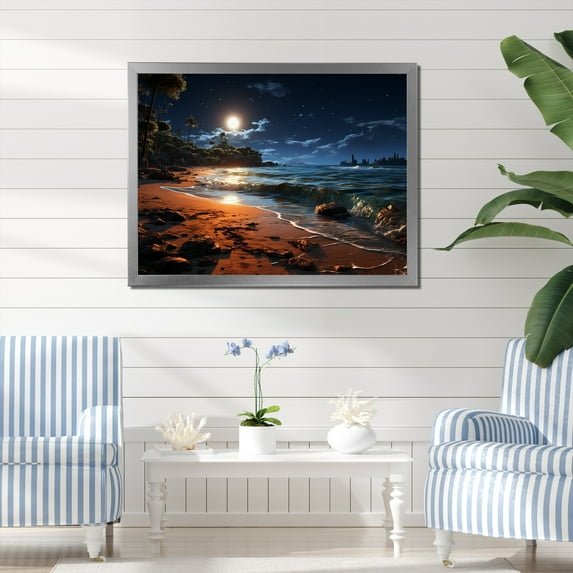 Designart "Mystic Moonlight on a Tropical Beach II" Coastal Framed Wall Art Decor - Coastal Blue Coastal Beach Living Room Framed Canvas Art
