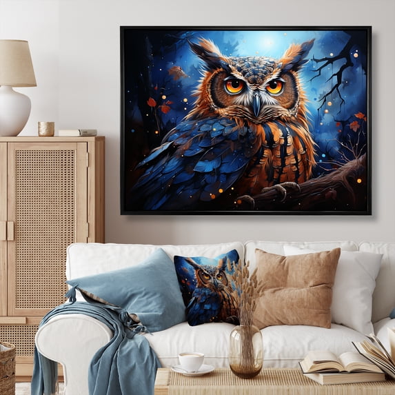 Designart "Mystic Owl Moonlight Encounter" Animals Framed Wall Art - Modern Farmhouse Blue Owl Entryway Framed Wall Art Print