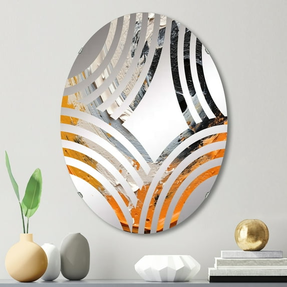 Designart "Mystic Spirals in Orange and Black II" Abstract Spirals Baptist Fan Round Wall Mirror - Abstract Oval Printed Decorative Mirror - Multiple Color Options