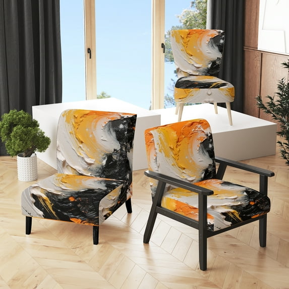 Designart "Mystic Spirals in Orange and Black III" Orange Abstract Spirals Upholstered Accent Chair - Modern Arm Chair For Bedroom