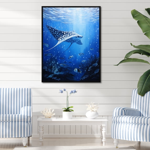 Designart "Mystical Abyss: The Blue Underwater World" Coastal Coral Under Water Floater Framed Wall Art Prints