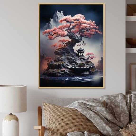 Designart "Mystical Aura of Bonsai IV" Landscapes Framed Wall Art - Traditional Pink Tree Bonsai Bedroom Framed Canvas Wall Art