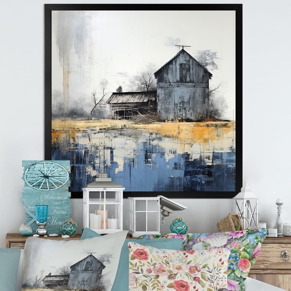 Designart "Mystical Barn In Beige And Blue" Barn Picture Framed Canvas Wall Art