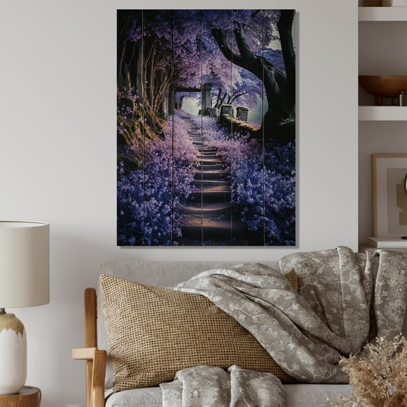 Designart "Mystical Charm of Bluebells I" Cottage Print on Natural Pine Wood