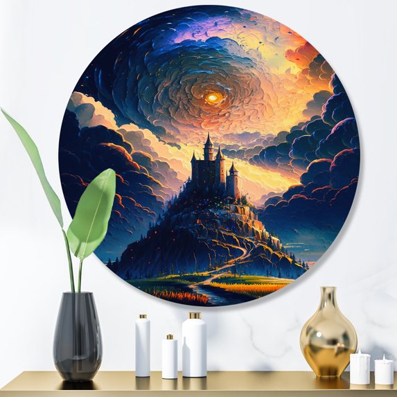 Designart "Mystical Fantasy Castle Blue I" City Fantasy Round Metal Art