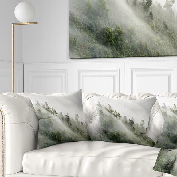 Designart Mystical Foggy Mountain Slope - Landscape Photography Throw Pillow - 18x18