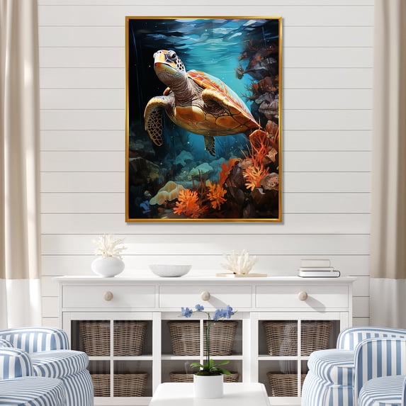 Designart "Mystical Marine Turtle Journey" Animals Turtle Floater Framed Canvas Art Print