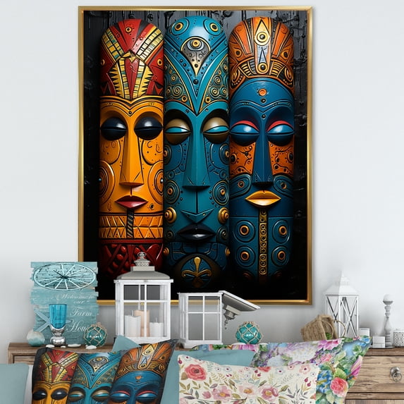 Designart "Mystical Masks Of African Tribes I" African Tribes Floater Framed Wall Decor
