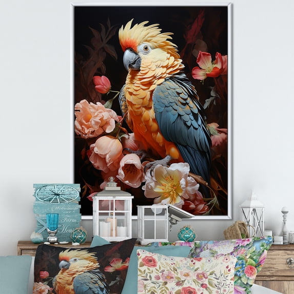 Designart "Mystical Rhapsody In Tropical Plumage Of Blue And Yellow I" Parrot Floater Framed Wall Decor