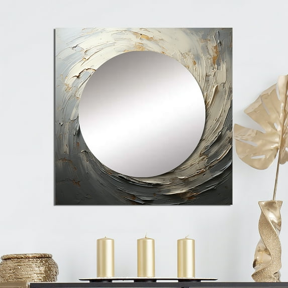 Designart "Mystical Spirals In Grey And Gold" abstract spirals Square Mirror For Wall Decor - Large Grey Square Printed Wall Mirror Art - Square Modern Mirror - Wall Mounted Square Large Mirror