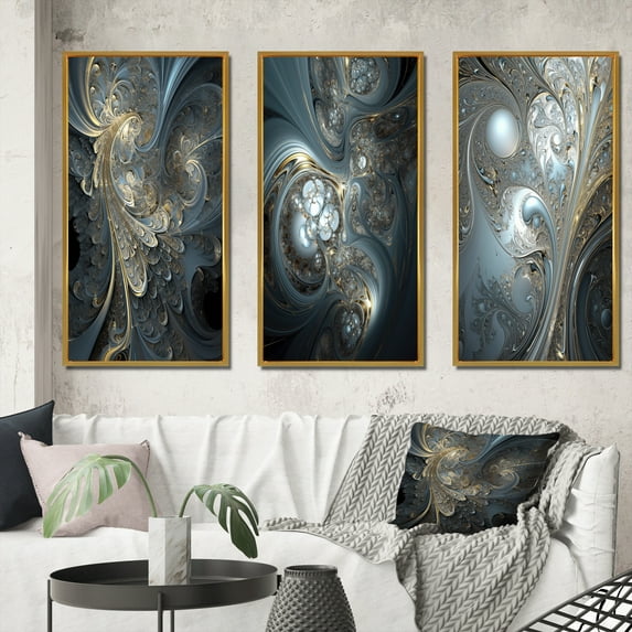 Designart "Mystical Universe in Blue and Gold II" Fractals Framed Wall Art Set Of 3 - Blue Transitional Frame Gallery Set For Office Decor