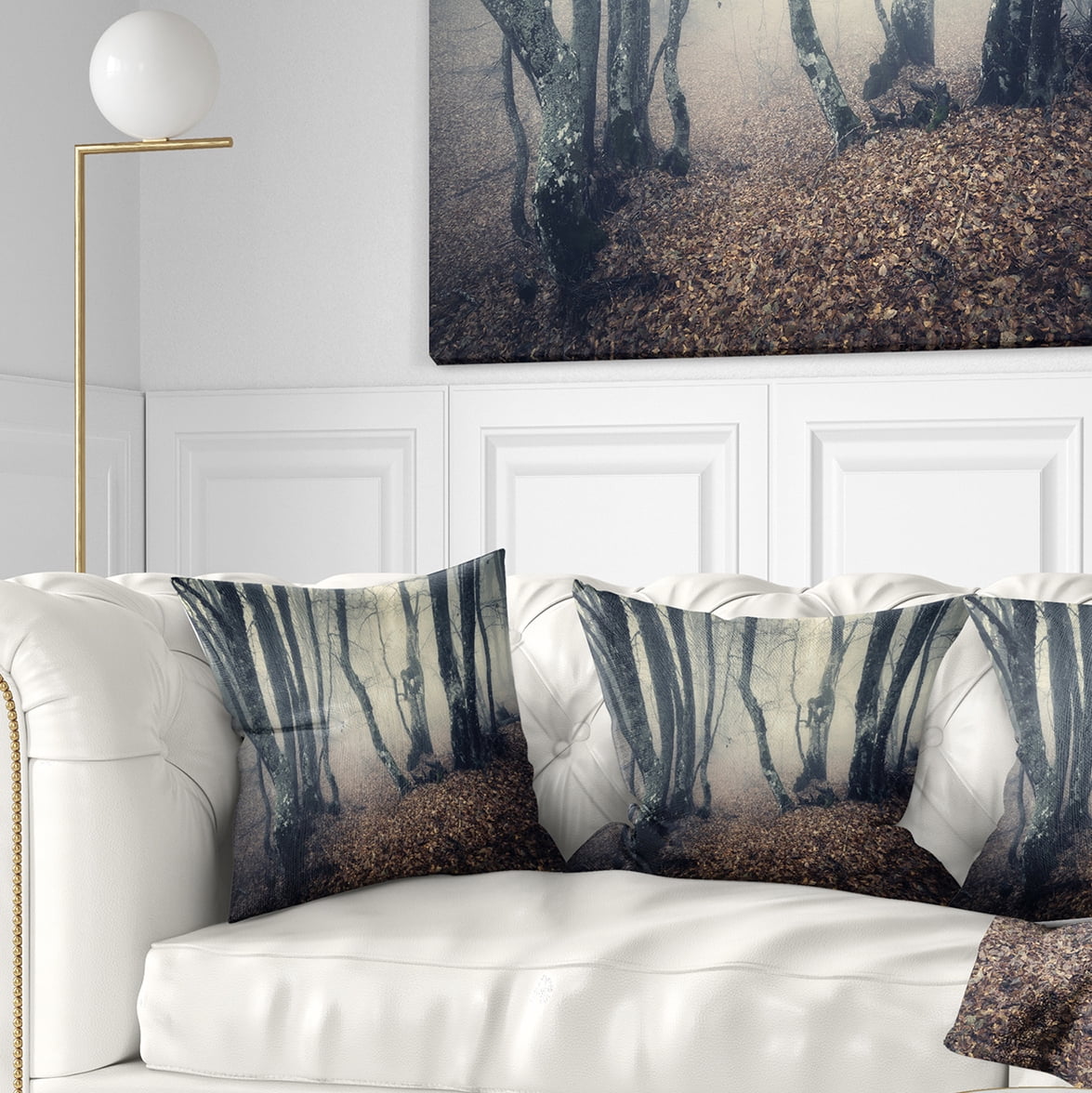 Designart Mystical Yellow Fog in Fall Forest - Landscape Photography Throw Pillow - 16x16