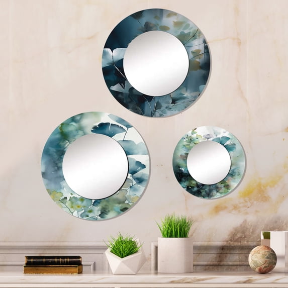 Designart "Mystique Of Fern Blue III" Floral Ferns Round Mirror Set Of 3 - Modern Blue Hallway Round Mirror Wall Decor Set