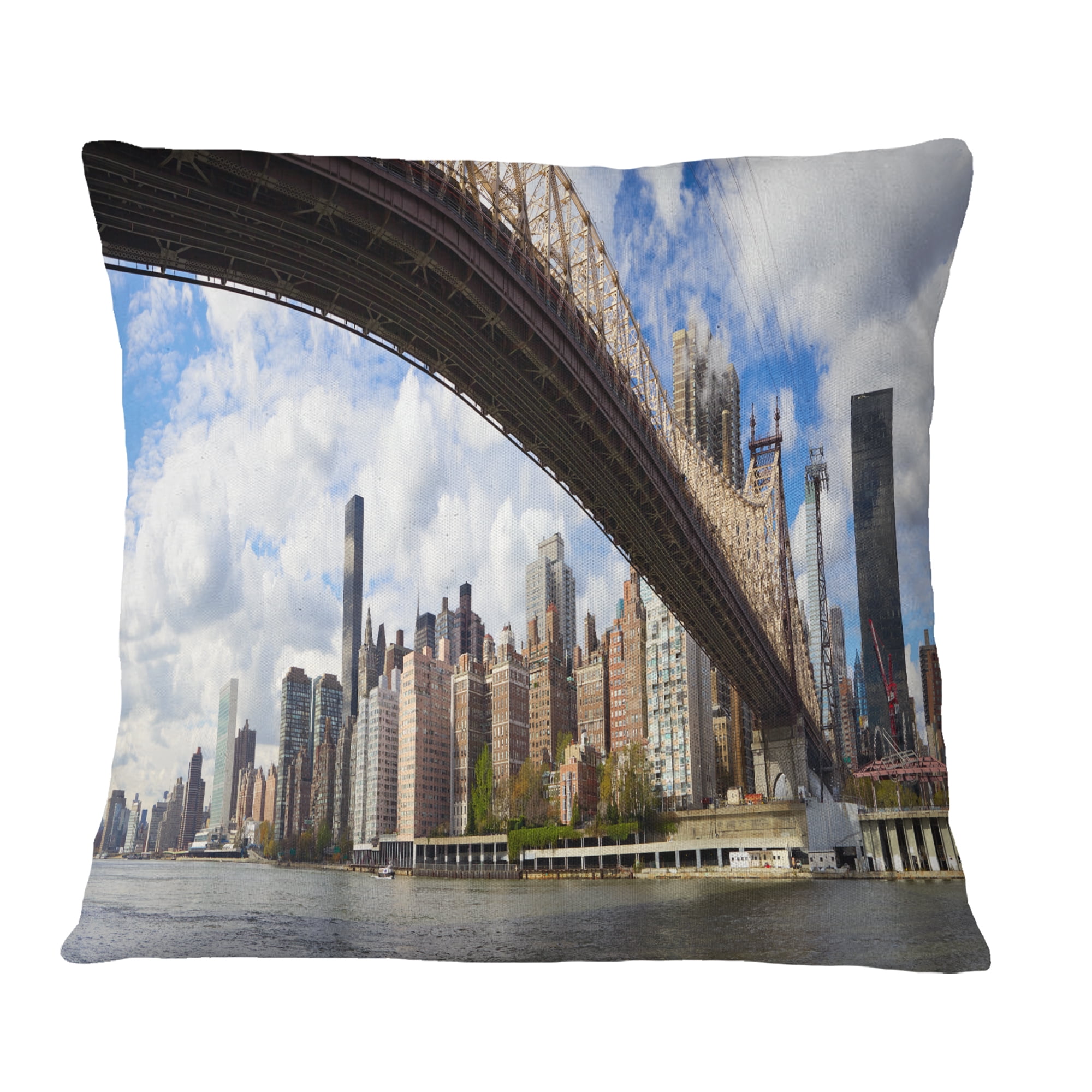 Designart NYC Queensboro Bridge Panorama - Cityscape Photo Throw Pillow - 12x20