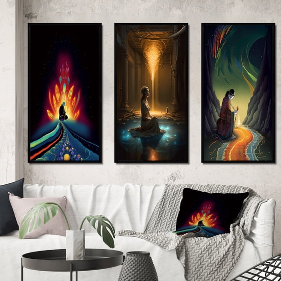Designart "Native Elder Meditation Connecting with Ancestors I" Meditation Framed Wall Art Set Of 3 - Pink Traditional Frame Canvas Set For Living Room Decor