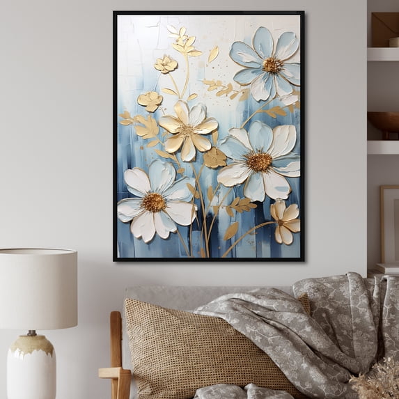 Designart "Natural Blue Symphony Of Zinnias I" Zinnias Floater Framed Wall Art Living Room