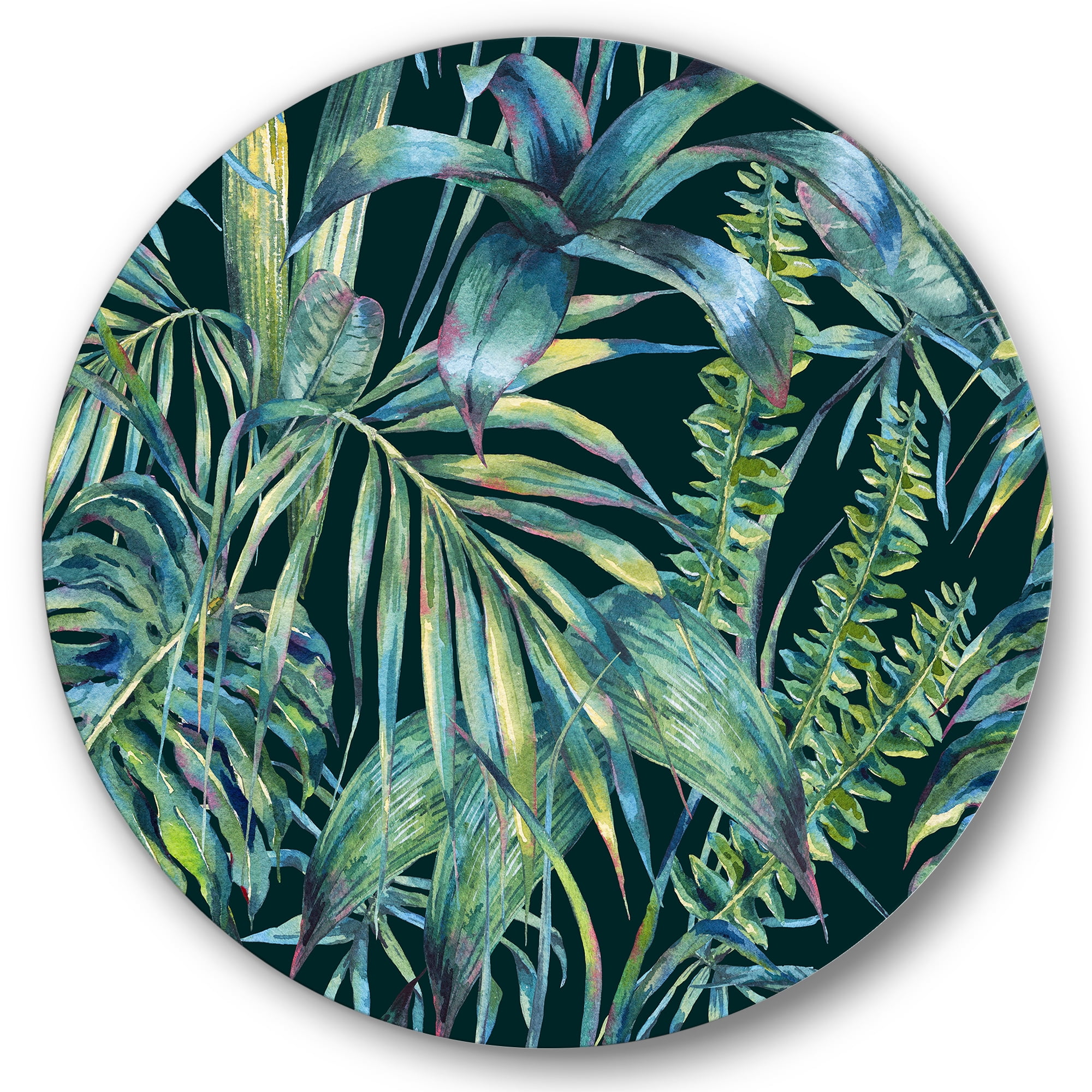 Designart 'Natural Green Leaves Exotic On Dark I' Tropical Circle Metal Wall Art 11x11 - Disc of 11