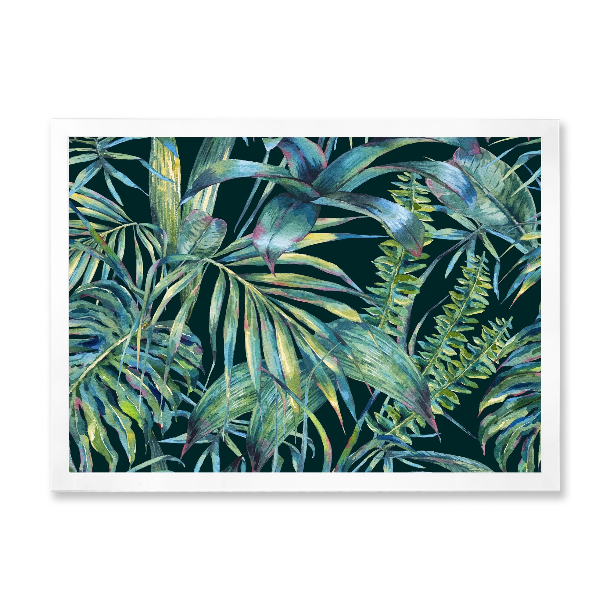 Designart 'Natural Green Leaves Exotic On Dark I' Tropical Framed Art Print
